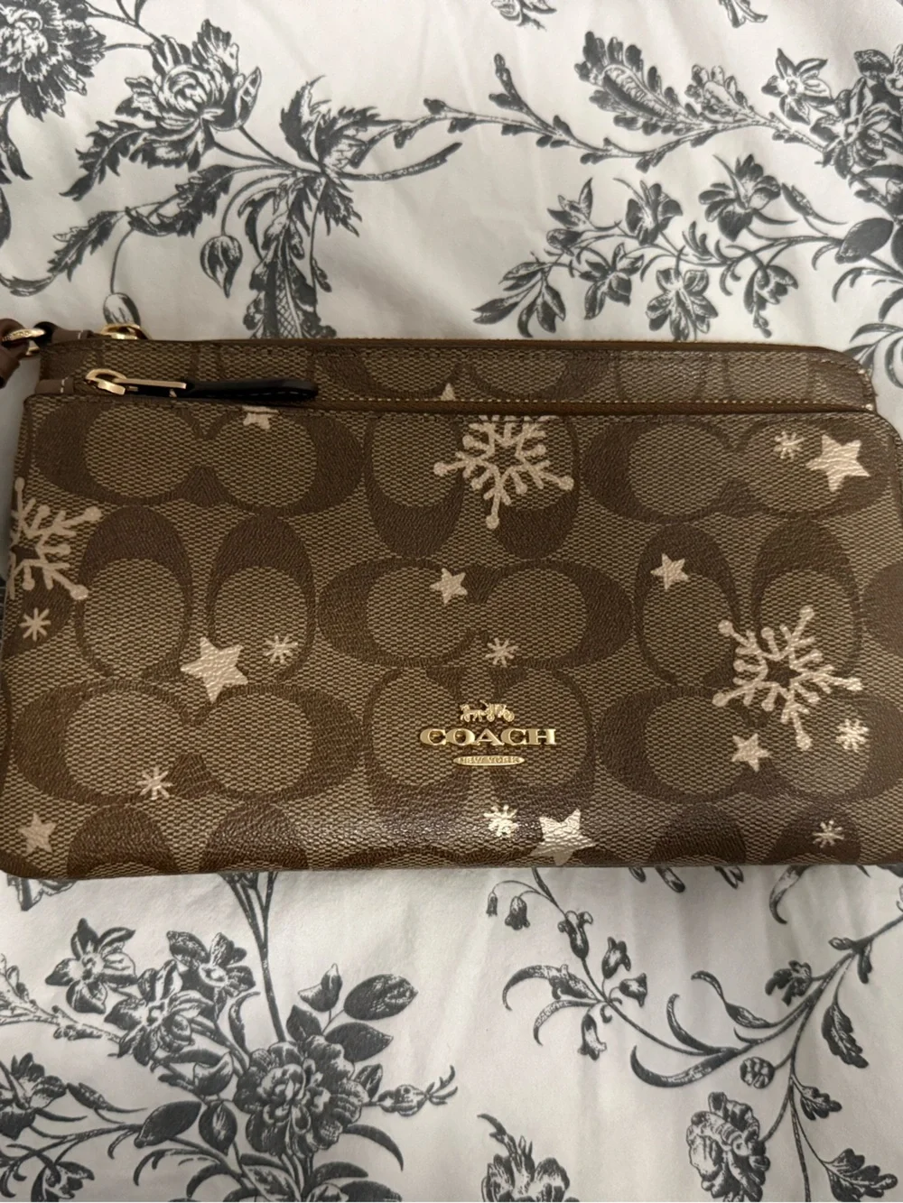 Coach Double Zip Wallet Signature Canvas Star & Snowflake Print NWOT